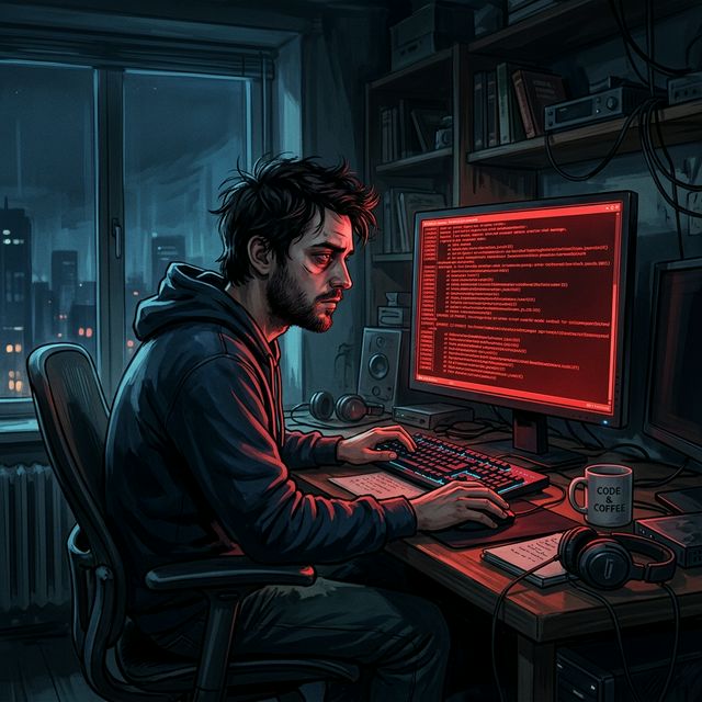 어두운 방에서 컴퓨터 화면의 코드를 보며 고뇌하는 사람의 모습