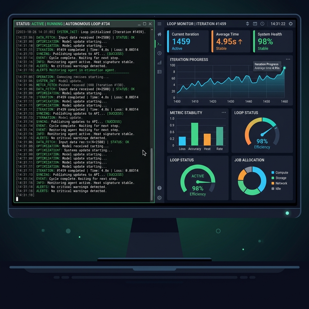 밤새 반복 실행되는 코딩 루프를 모니터링하는 장면