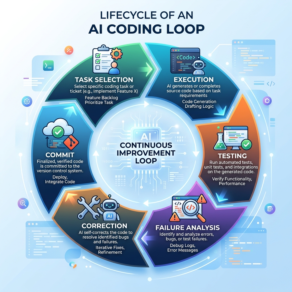 작업 선택, 실행, 테스트, 수정, 커밋이 원형으로 이어지는 루프 다이어그램