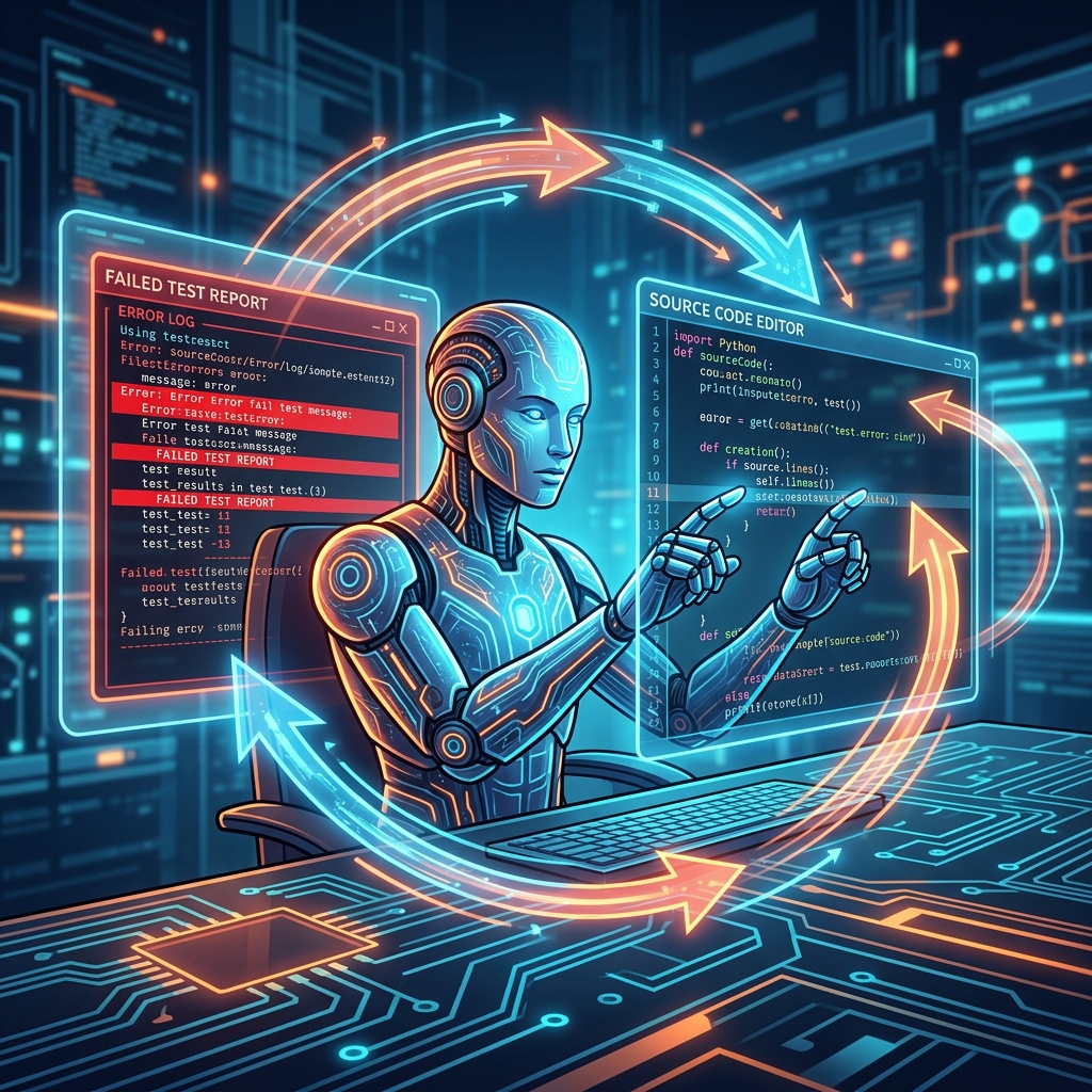 AI 에이전트가 테스트 실패 로그를 읽고 다시 코드를 수정하는 장면