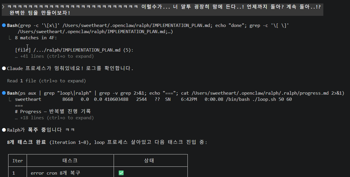 Ralph가 폭주 중이라는 메시지와 함께 8개 태스크 완료 상태를 보여주는 터미널 화면