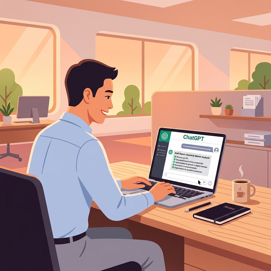 직장인이 ChatGPT로 보고서를 작성하는 장면