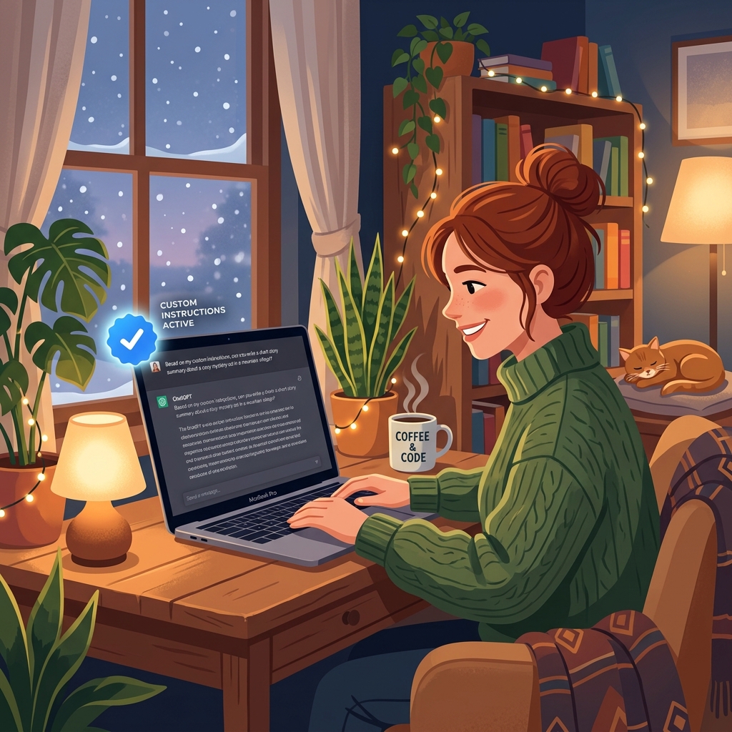 사용자가 맞춤형 지침을 설정하고 만족스러운 표정으로 ChatGPT를 사용하는 장면