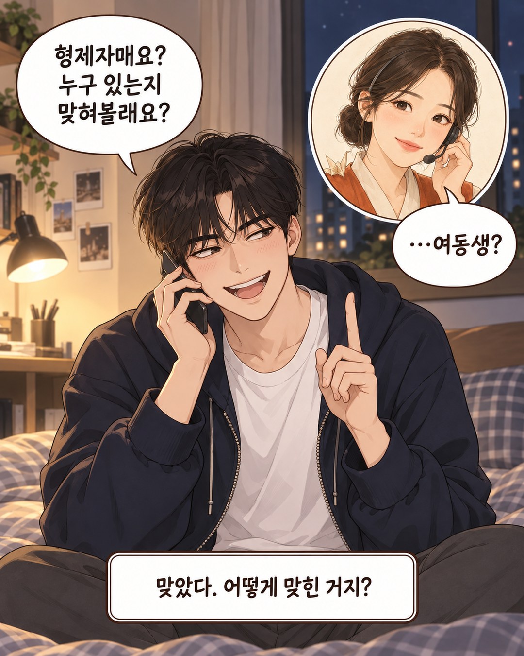 전화하며 손가락 하나를 들어 보이는 이야기 주인공과, 화면 한쪽 작은 원 안에서 여동생이냐고 묻는 도란
