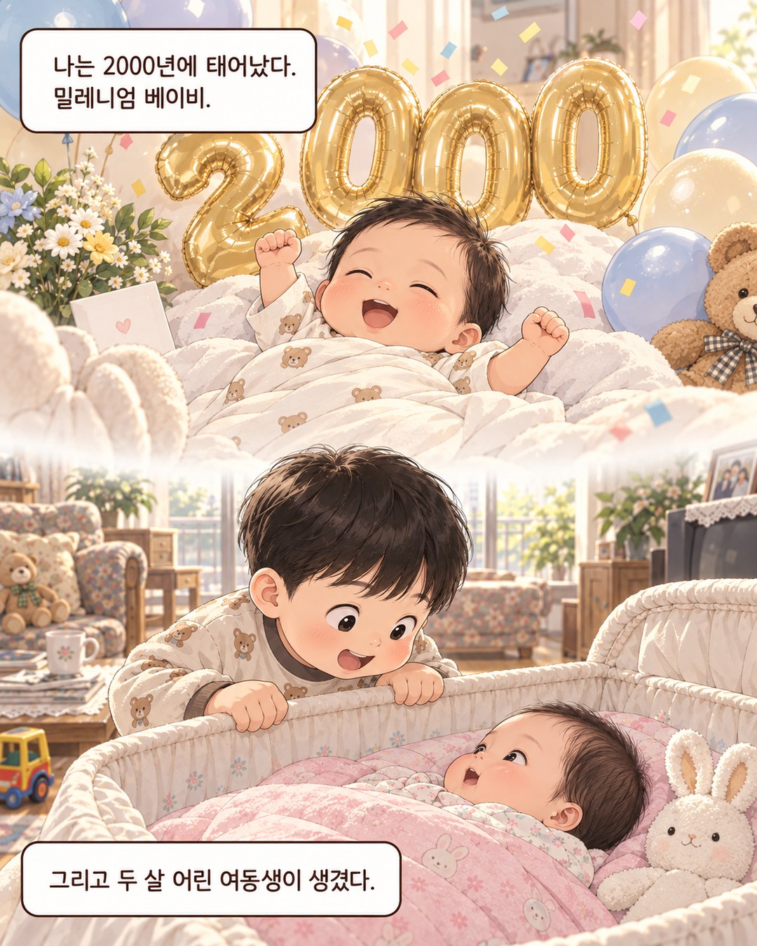 '2000' 풍선과 색종이 사이의 아기, 그리고 아기 침대를 들여다보는 어린 오빠