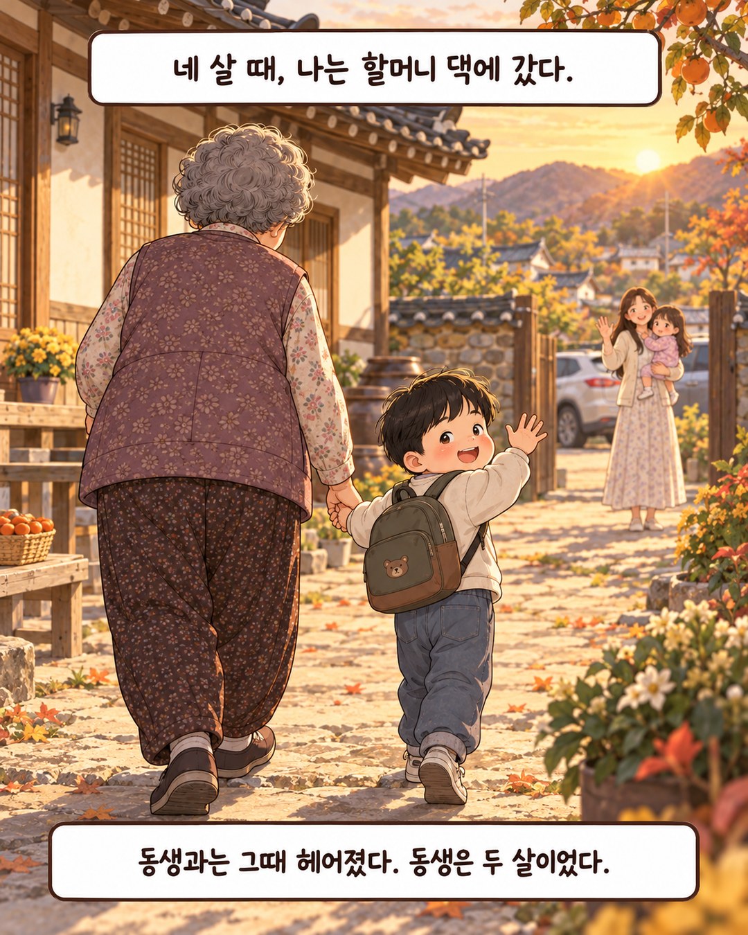 시골집 앞에서 할머니 손을 잡고 뒤돌아 손을 흔드는 네 살 아이