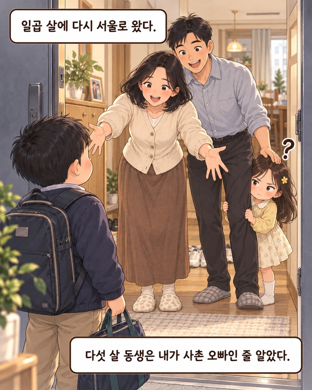 서울 아파트 현관에 선 일곱 살 오빠와, 아빠 다리 뒤에 숨어 의심스럽게 쳐다보는 다섯 살 동생