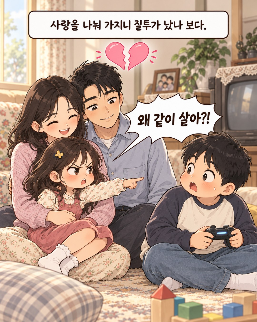 엄마 무릎에 앉은 동생이 "왜 같이 살아?!"라고 외치고, 게임 패드를 든 오빠가 놀라는 장면