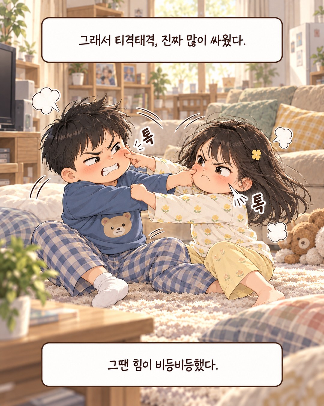 거실 바닥에서 서로 밀고 찌르며 투닥거리는 비슷한 키의 두 아이