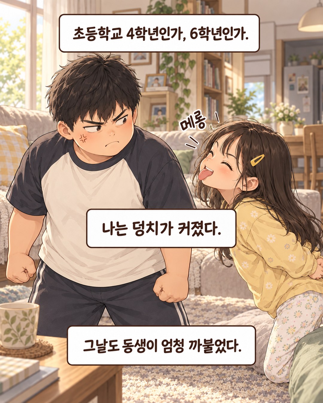 초등학생이 된 덩치 큰 오빠 앞에서 동생이 메롱 하며 약을 올리는 장면