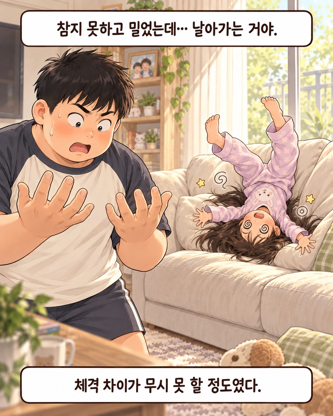 소파 쿠션 위에 거꾸로 떨어져 눈이 빙글빙글 도는 동생과, 자기 두 손바닥을 보며 얼어붙은 오빠
