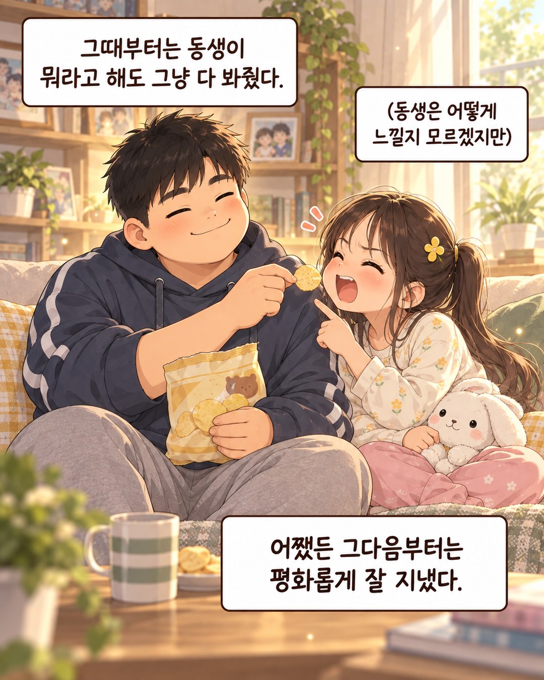 소파에 나란히 앉아 간식을 나눠 먹는 남매