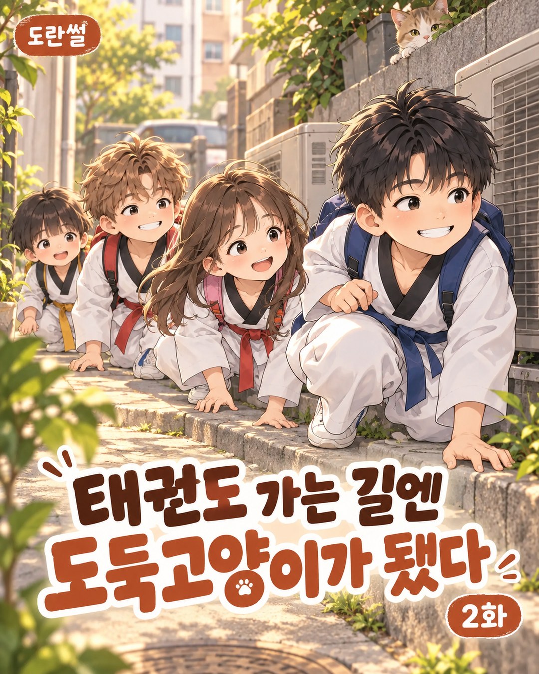 도란썰 2화 표지. 태권도복 차림의 아이들이 에어컨 실외기와 낮은 담을 따라 도둑고양이처럼 살금살금 걷는 장면
