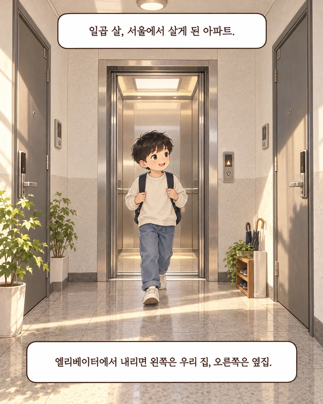 일자형 아파트 복도. 엘리베이터에서 내리면 왼쪽이 우리 집, 오른쪽이 옆집
