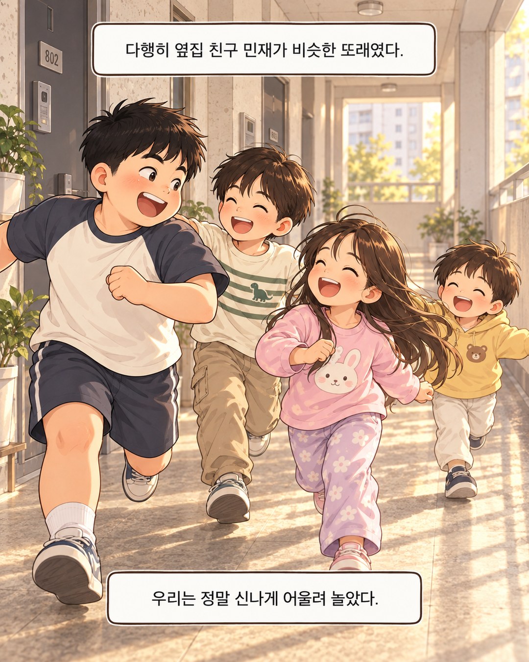 복도에서 함께 웃는 네 아이. 주인공과 여동생, 옆집 친구 민재와 민재의 동생