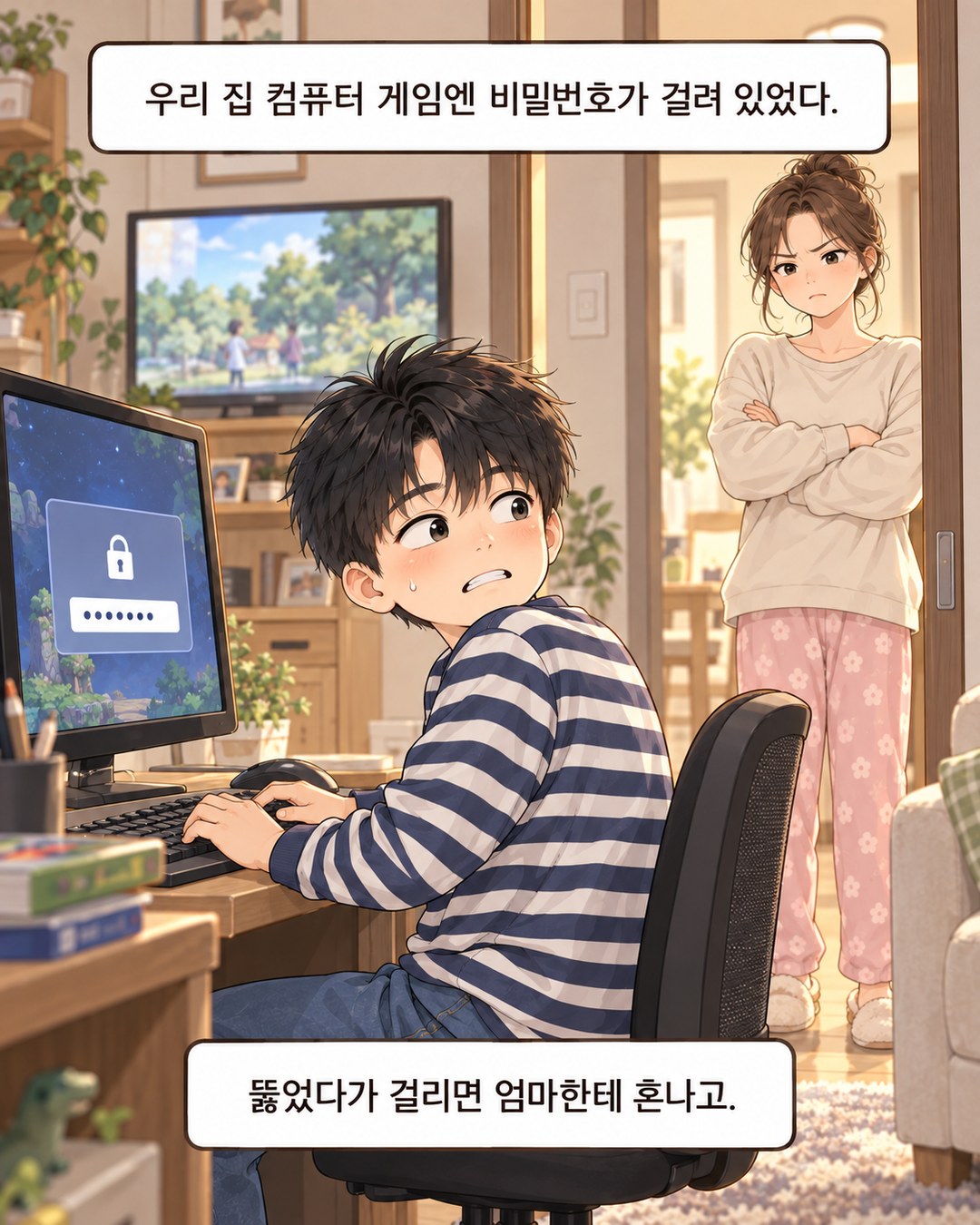 집 컴퓨터의 게임 잠금에 비밀번호를 입력하려는 아이와, 문가에서 팔짱을 끼고 지켜보는 엄마