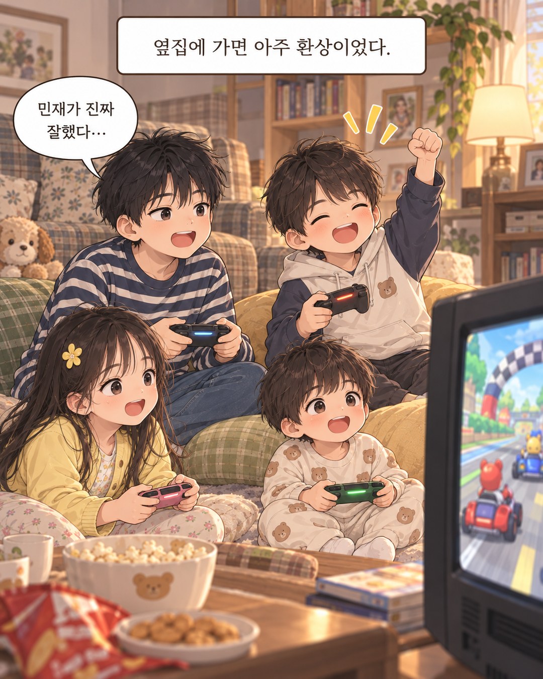 옆집 거실에서 컨트롤러를 들고 레이싱 게임을 하는 아이들. 민재가 앞서 달리는 중