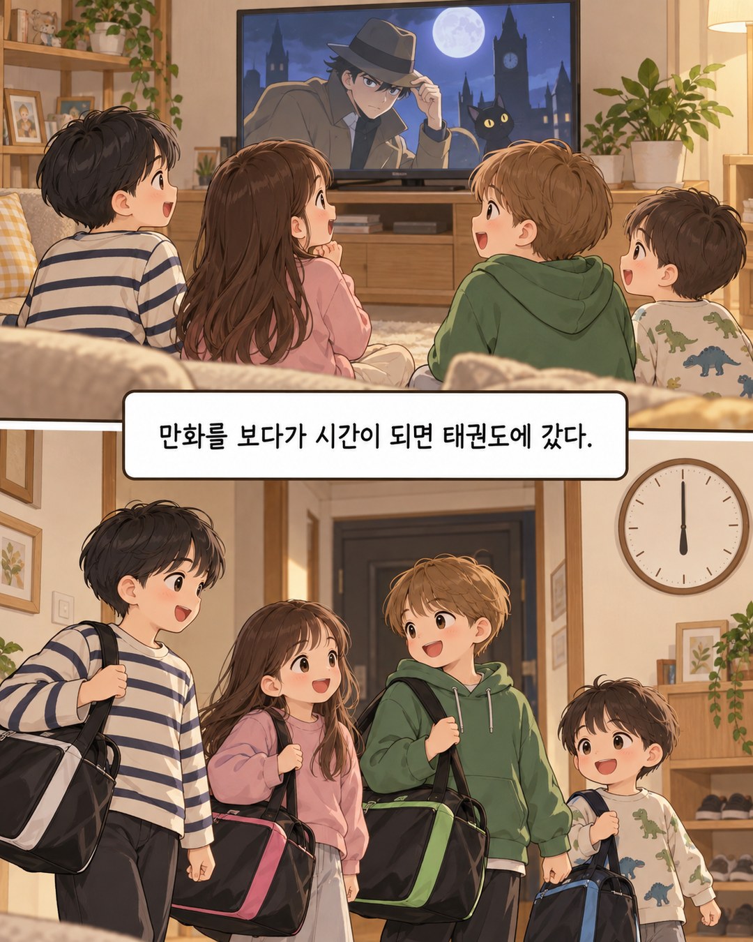 바닥에 앉아 TV로 만화를 보다가 시계를 보고 태권도 가방을 챙기는 아이들