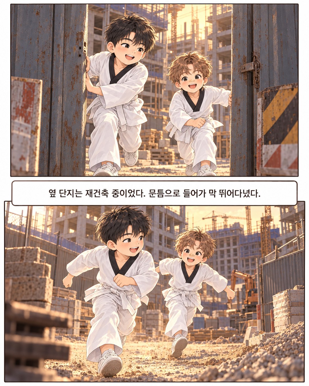 재건축 중인 옆 단지의 살짝 열린 문틈으로 들어가 공사장 울타리 사이를 뛰어다니는 아이들