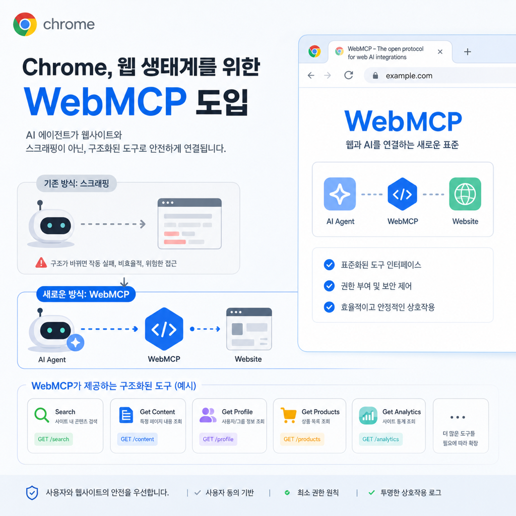 크롬 브라우저가 웹사이트와 AI 에이전트 사이에 구조화된 WebMCP 툴 레이어를 연결하는 모습을 표현한 기술 일러스트