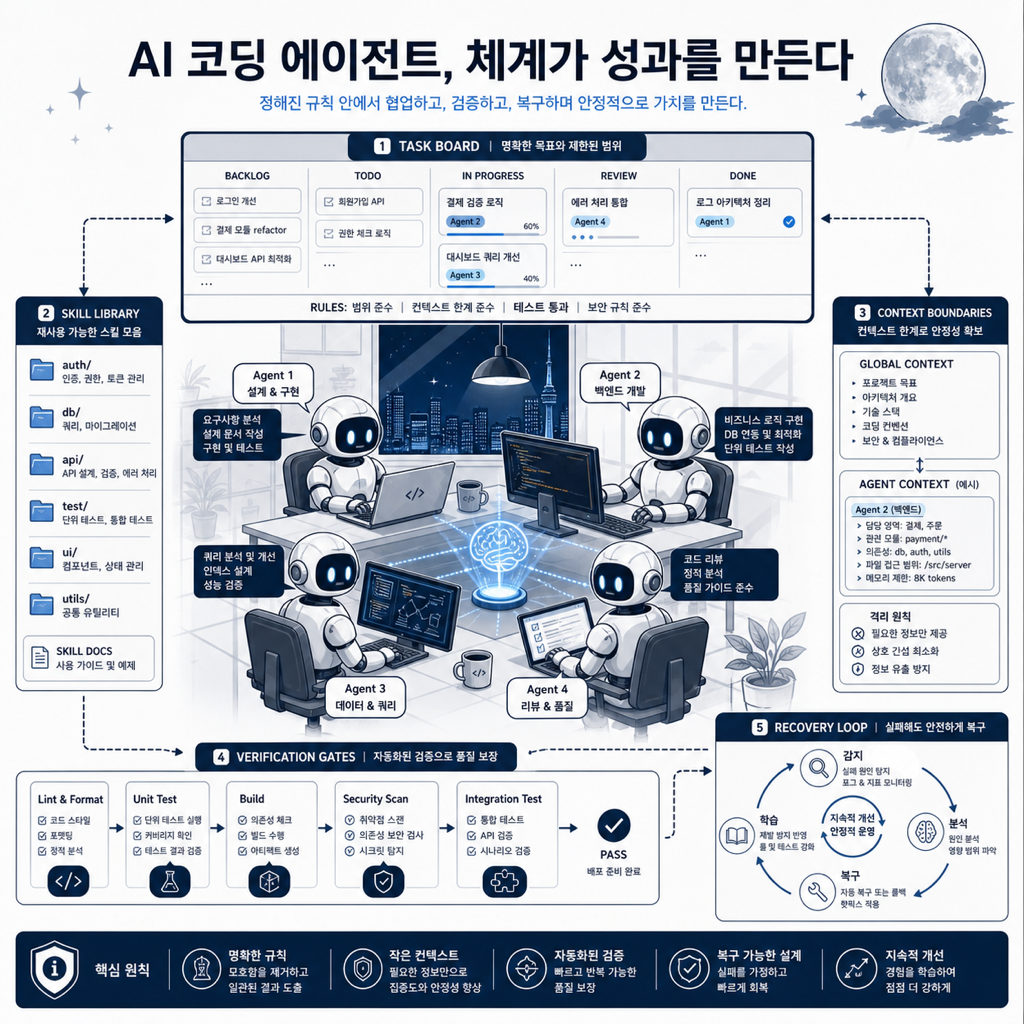 여러 AI 코딩 에이전트가 작업 보드와 운영 규칙 위에서 분리된 태스크를 처리하는 일러스트