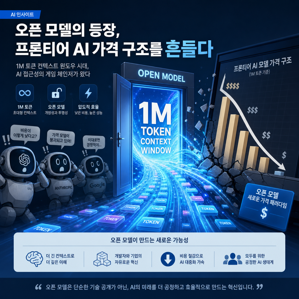 1M 컨텍스트 오픈모델이 프런티어 AI 가격 공식을 흔드는 장면을 표현한 기술 일러스트