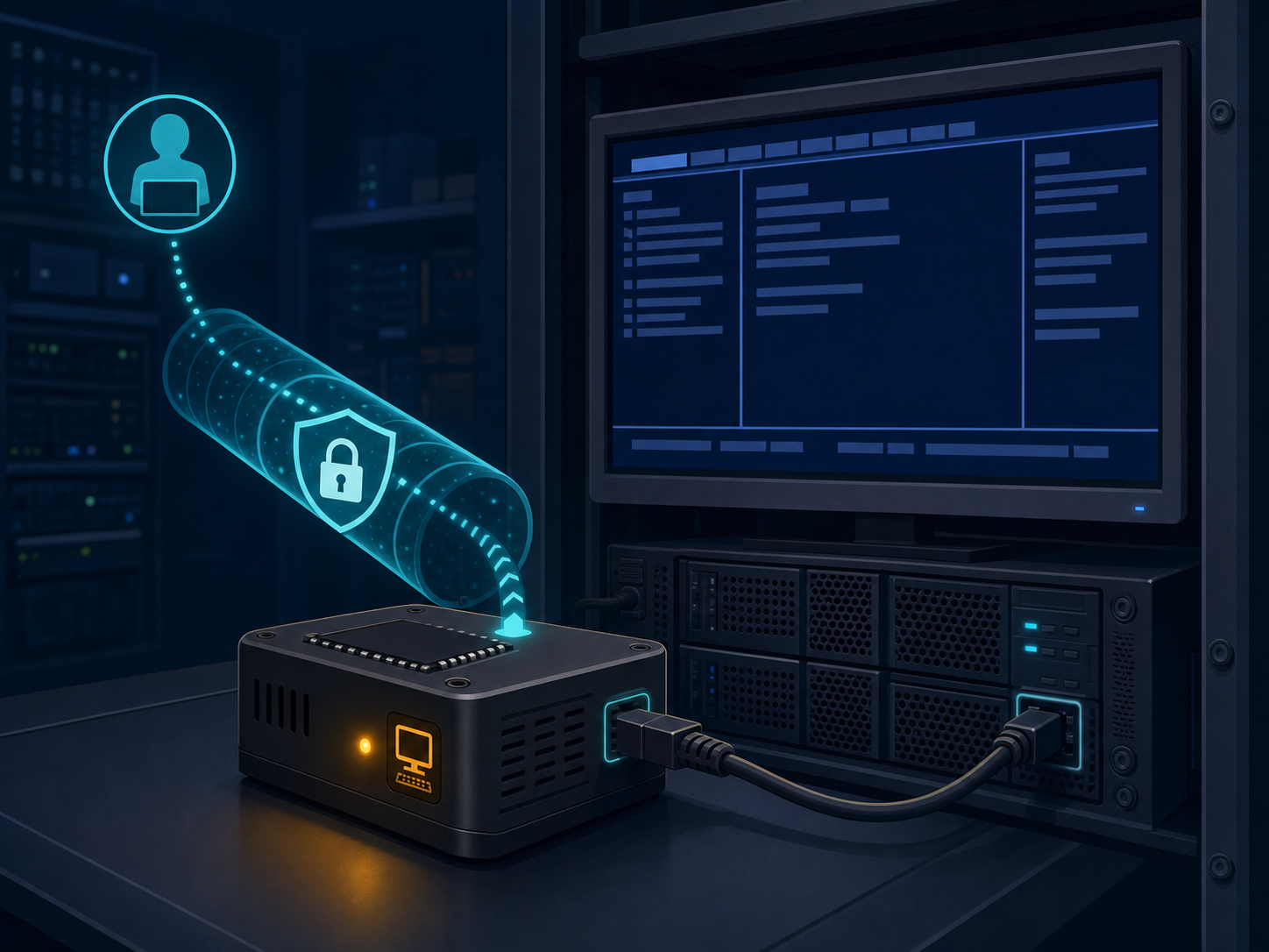 작은 ESP32 IP-KVM 장치가 장애 난 홈랩 서버의 BIOS 화면과 안전한 VPN 운영자를 연결하는 모습