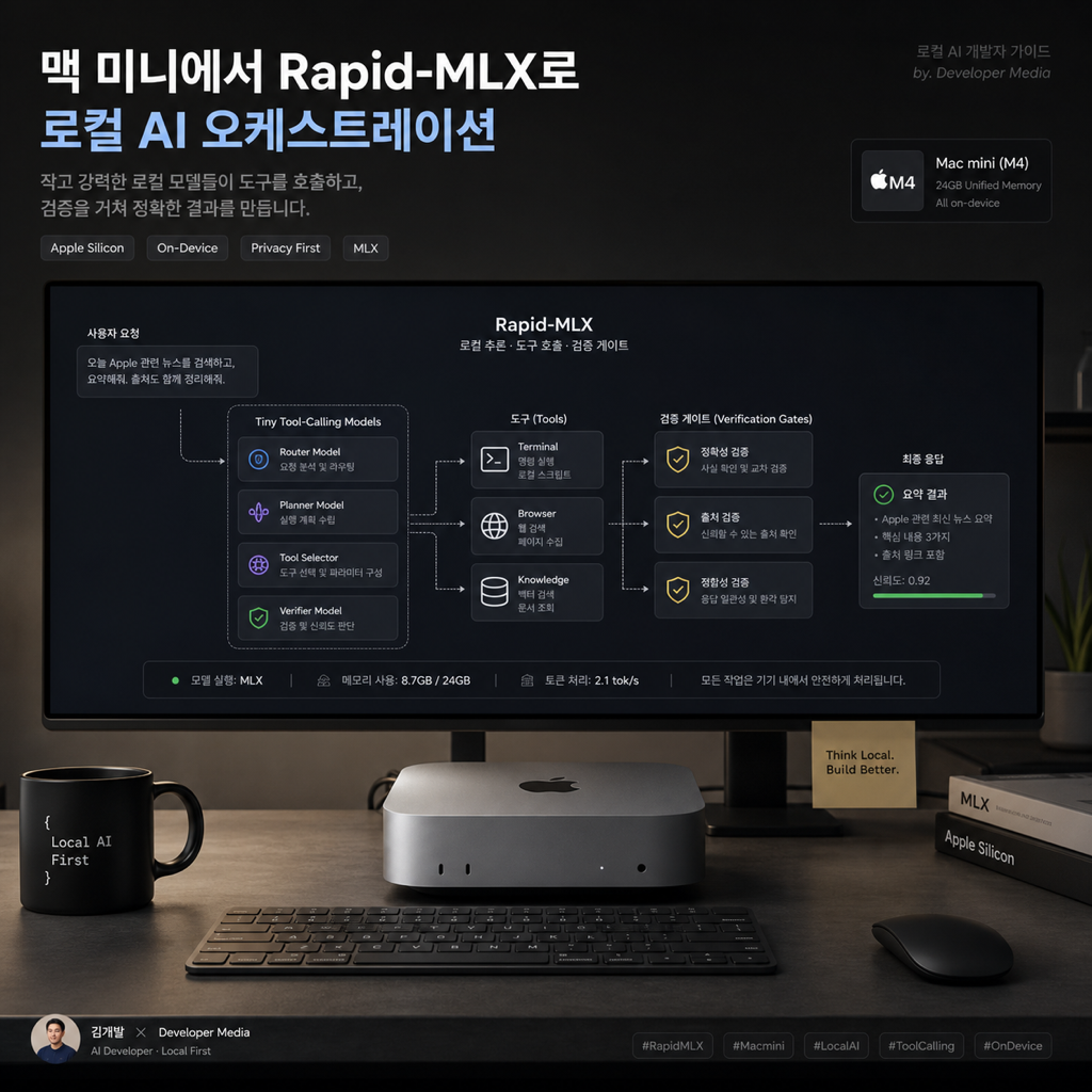 Apple Silicon 위에서 Rapid-MLX와 소형 툴콜링 모델이 에이전트 작업을 분담하는 모습을 표현한 기술 일러스트