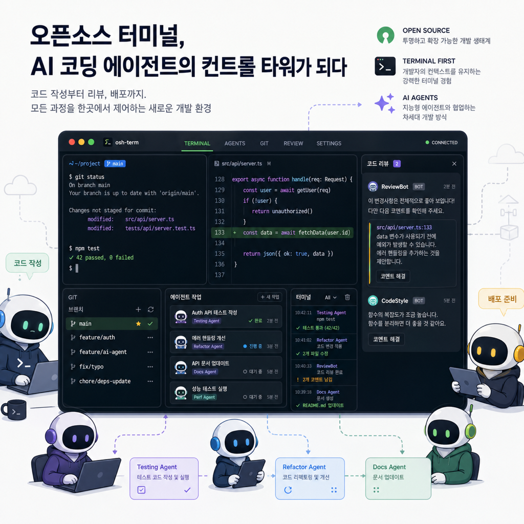 오픈소스 터미널이 여러 AI 에이전트를 조율하는 개발 환경으로 변하는 장면을 표현한 기술 일러스트