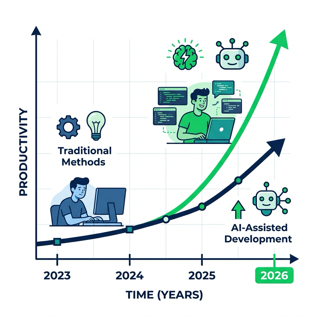 AI 도구를 활용한 개발자의 생산성 향상 그래프 개념 일러스트