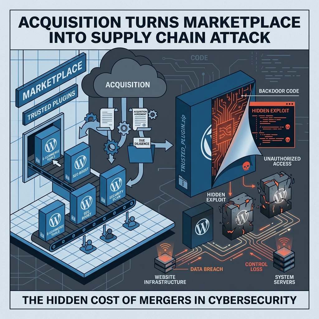 WordPress 플러그인 공급망 공격을 상징하는 보안 일러스트